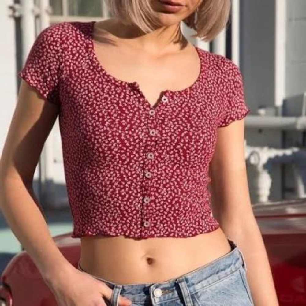 Brandy Melville Red Floral Button-Up Crop Top